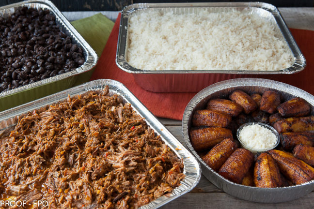 Choice of protein, garlic coconut rice, black beans and sweet plantains with queso fresco